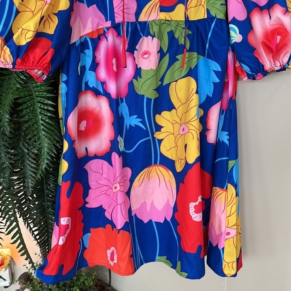 NWOT Colorful Floral Mini Dress Puff Sleeves Bow Tie Neckline Multicolored Mod - Picture 3 of 13